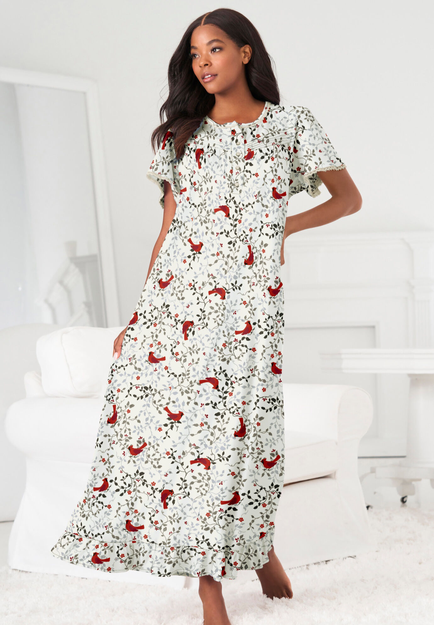Long Floral Print Cotton Gown | Ellos