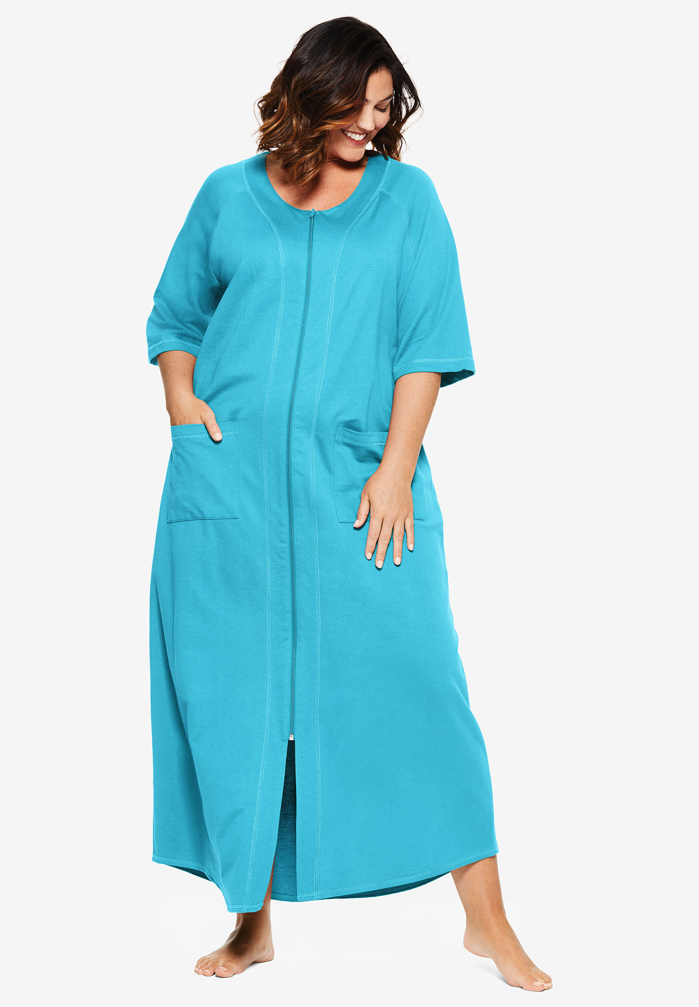 Long French Terry Zip Front Robe By Dreams And Co® Plus Size Hidden Ellos 